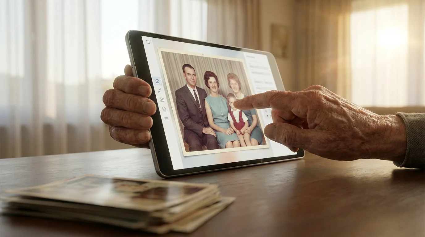 A person holds a tablet displaying a vintage photo, suggesting they are adding metadata.
