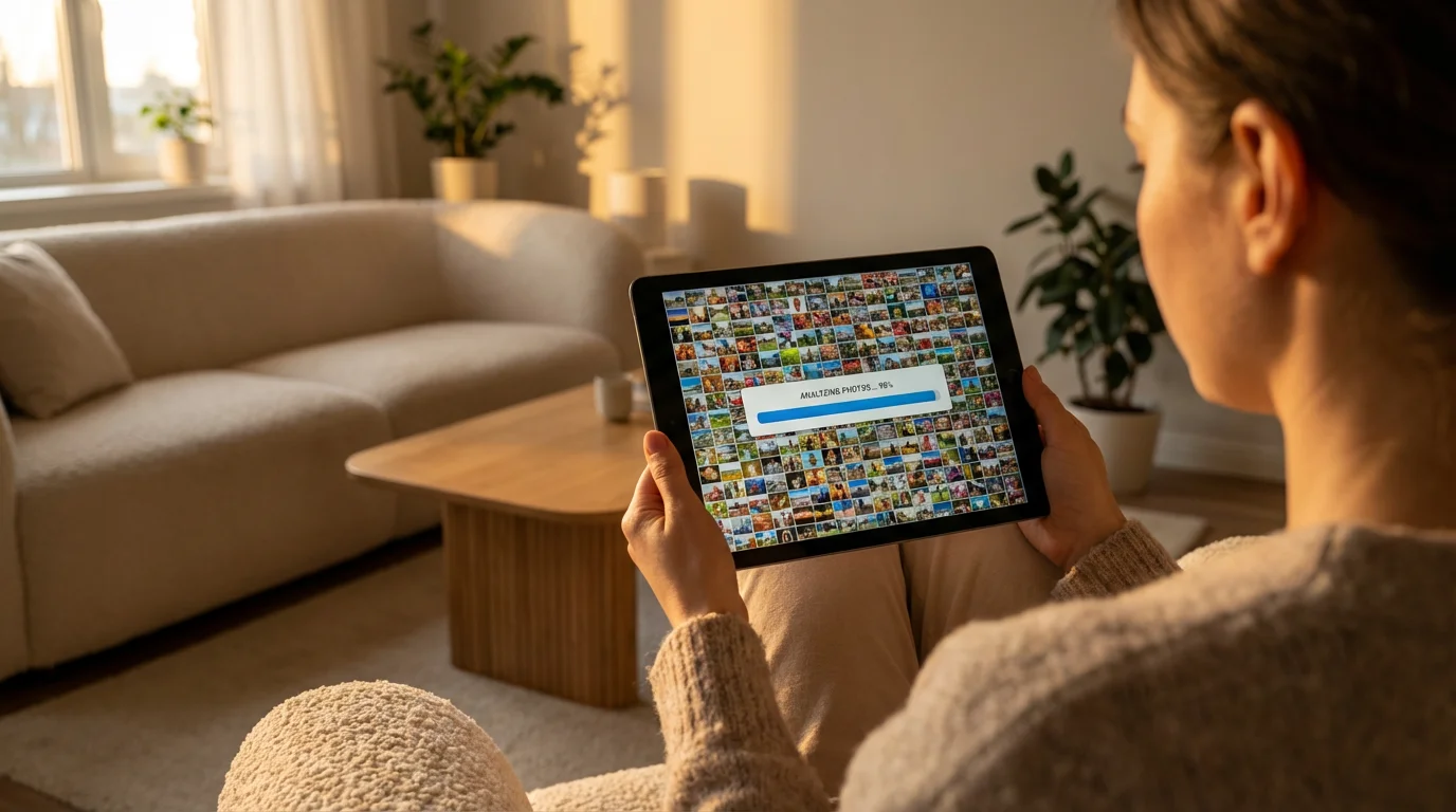A person holds a tablet showing a large photo library being analyzed during golden hour.