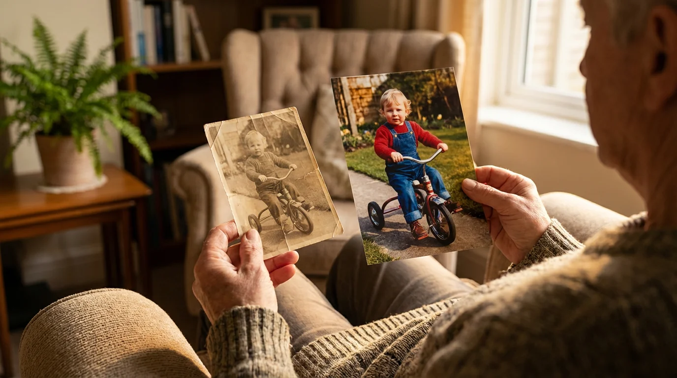 A person holds and compares an old faded photograph with its newly restored color version.