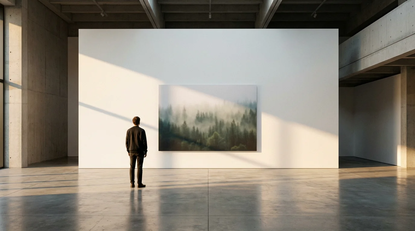A person in a spacious modern art gallery viewing a large, slightly blurry photograph.
