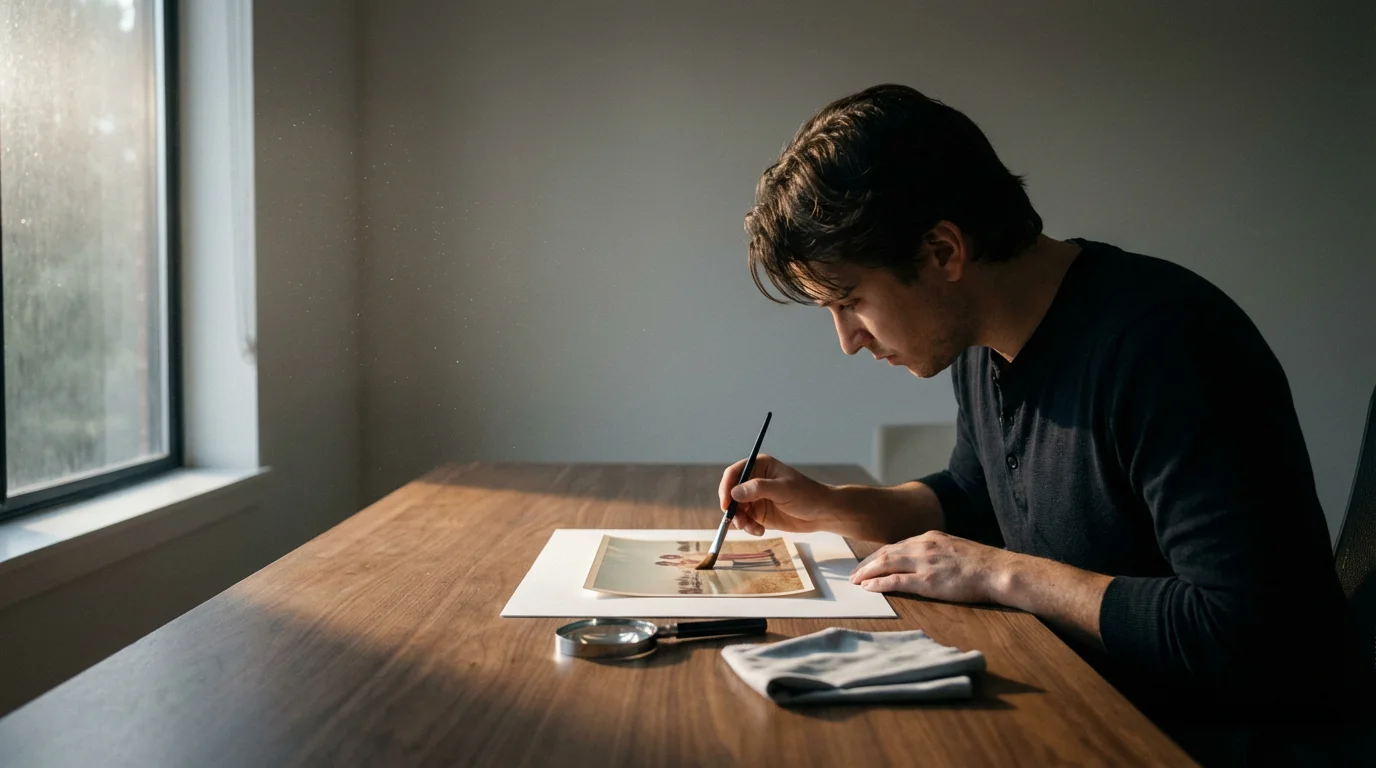 A person in a sunlit room using a soft brush to clean a vintage photo.