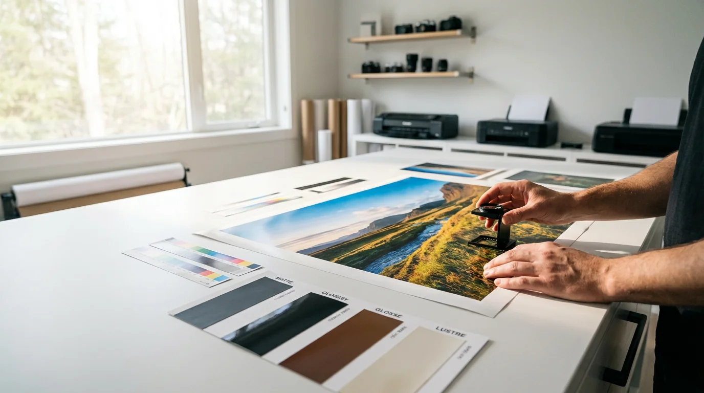 A person in a sunlit studio using a loupe to inspect a photo print.