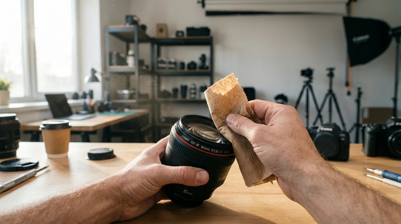 A person incorrectly attempting to clean a delicate camera lens with a paper towel.