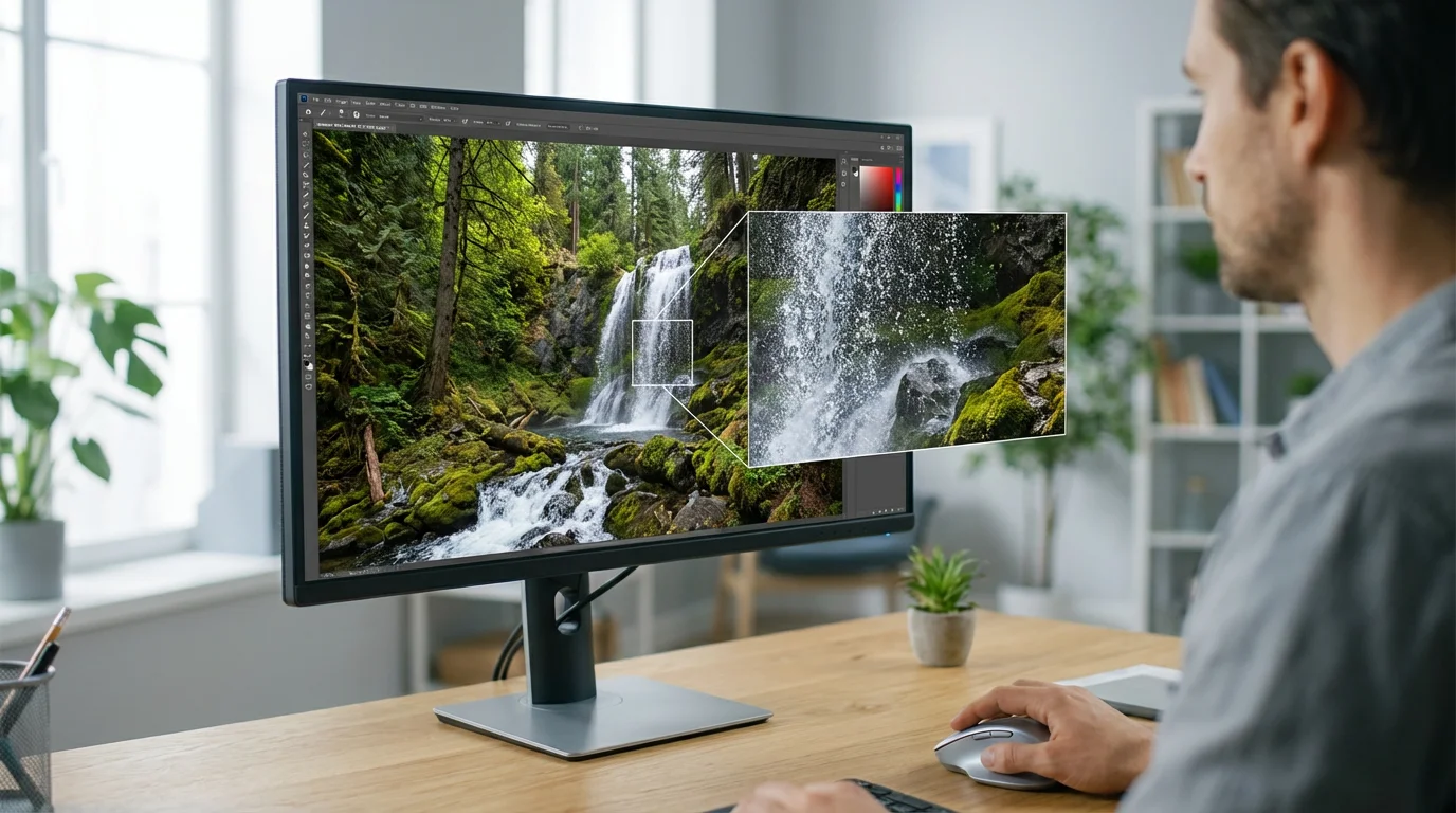 A person inspects a high-resolution landscape photo on a computer monitor before printing.