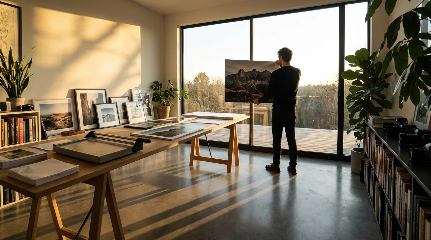 A person inspects a large photo print in a modern studio with moody afternoon light.