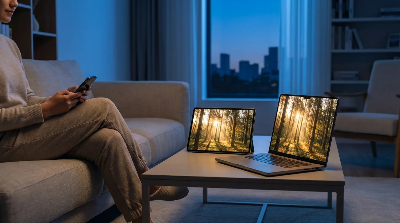 A person looking at a photo synced across a phone, tablet, and laptop.