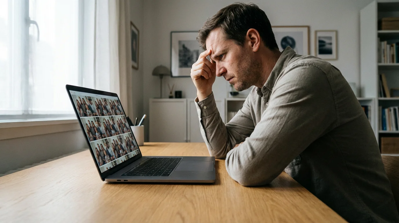 A person looking overwhelmed while viewing a screen full of duplicate photos on a laptop.