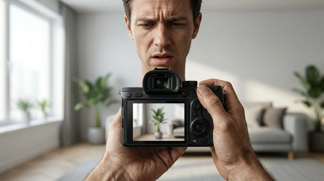 A person looks at a blurry photo of a plant on their camera's screen.