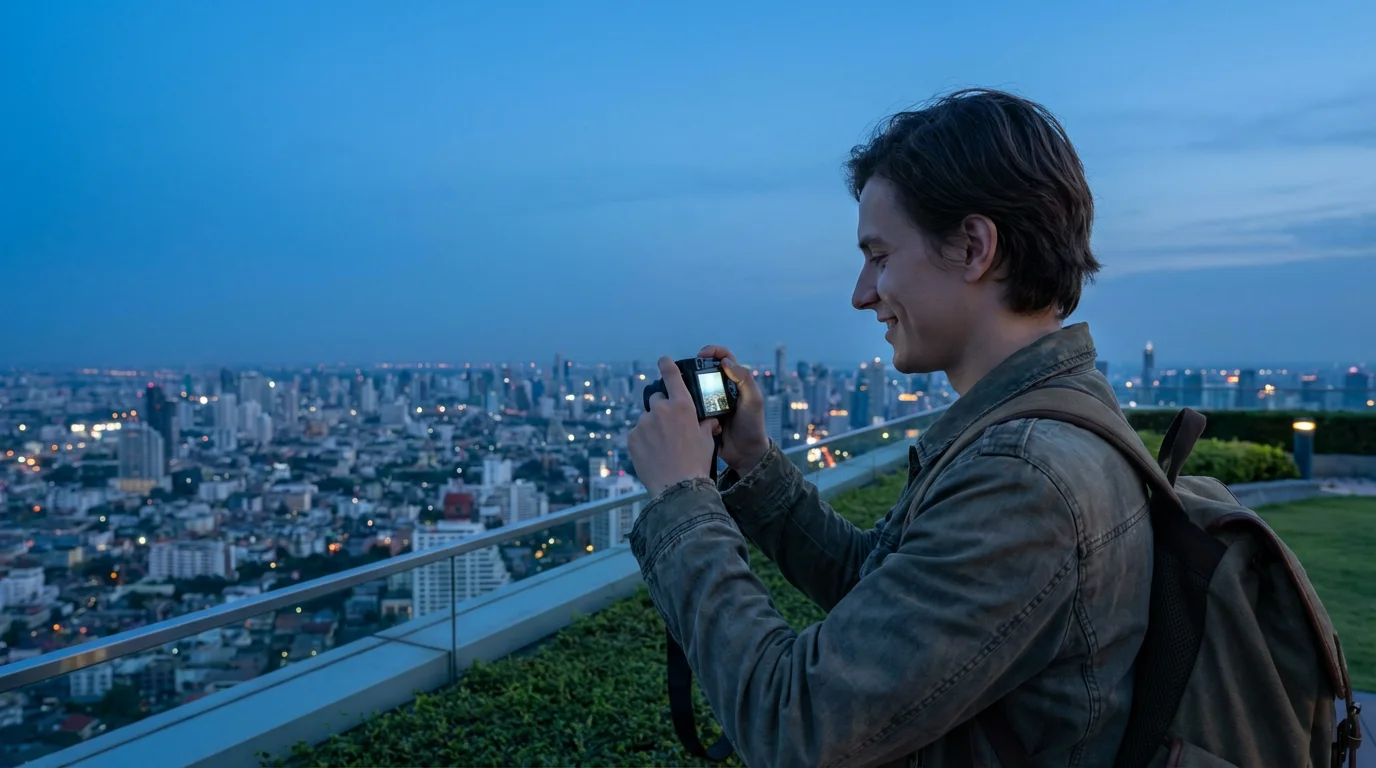 A person on a city rooftop at dusk reviewing photos on their camera, with a sprawling city skyline behind them.