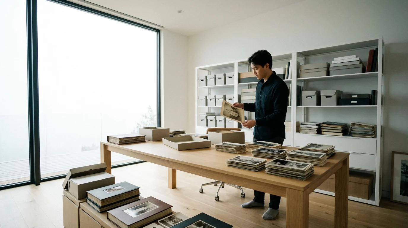 A person organizing a large collection of physical photos in a bright, modern room.