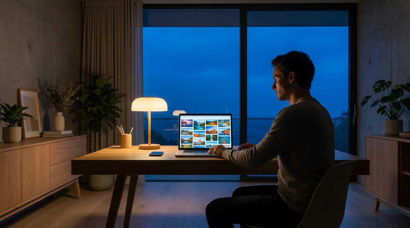 A person organizing digital photos on a laptop in a modern office at dusk.