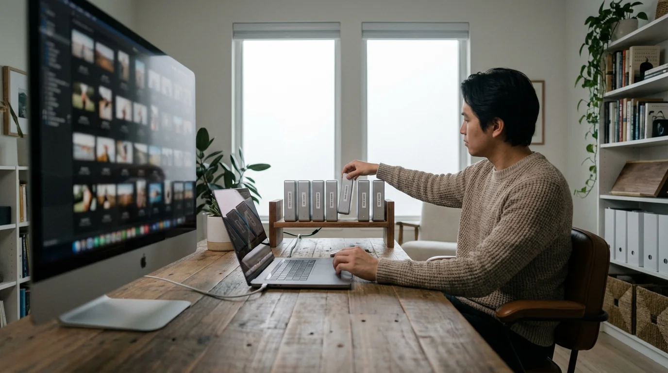 A person organizing external hard drives for photo archiving in a modern, clean office.