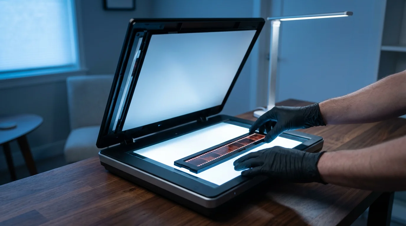 A person placing a 35mm film holder onto a lit flatbed scanner at dusk.