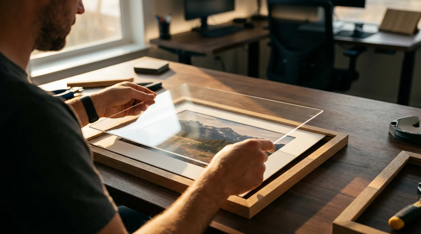 A person placing a sheet of UV-protective acrylic glass into a picture frame.