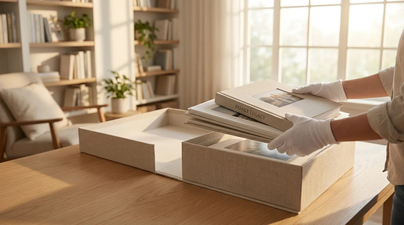 A person placing photo prints and a book into an archival box for preservation.