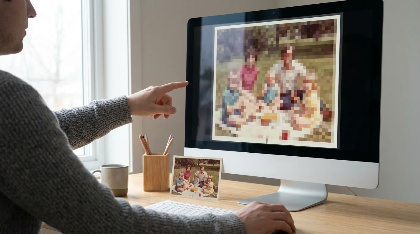 A person pointing at a blurry, pixelated photo on a monitor next to the sharp original.