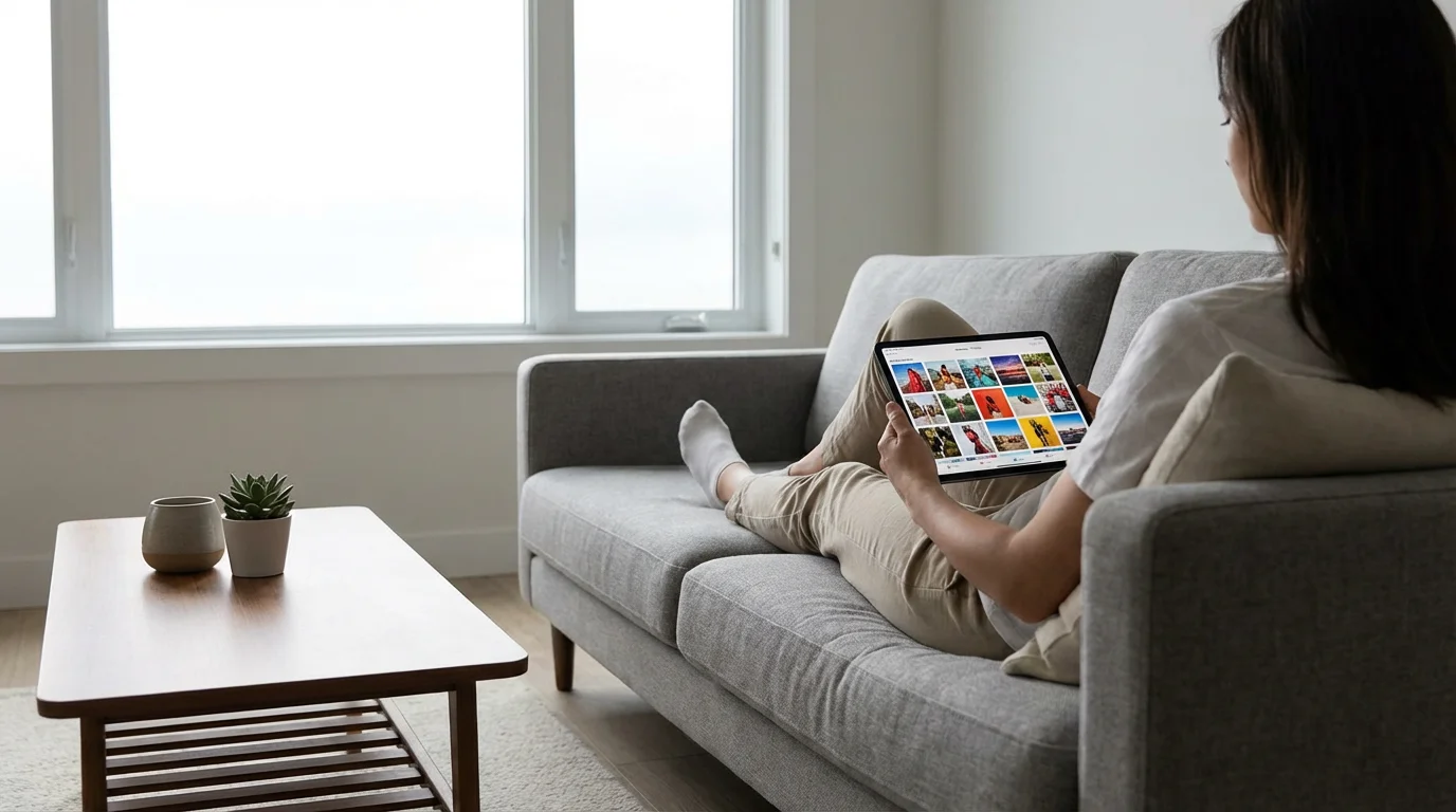 A person relaxing on a sofa, looking at a digital photo album on a tablet.