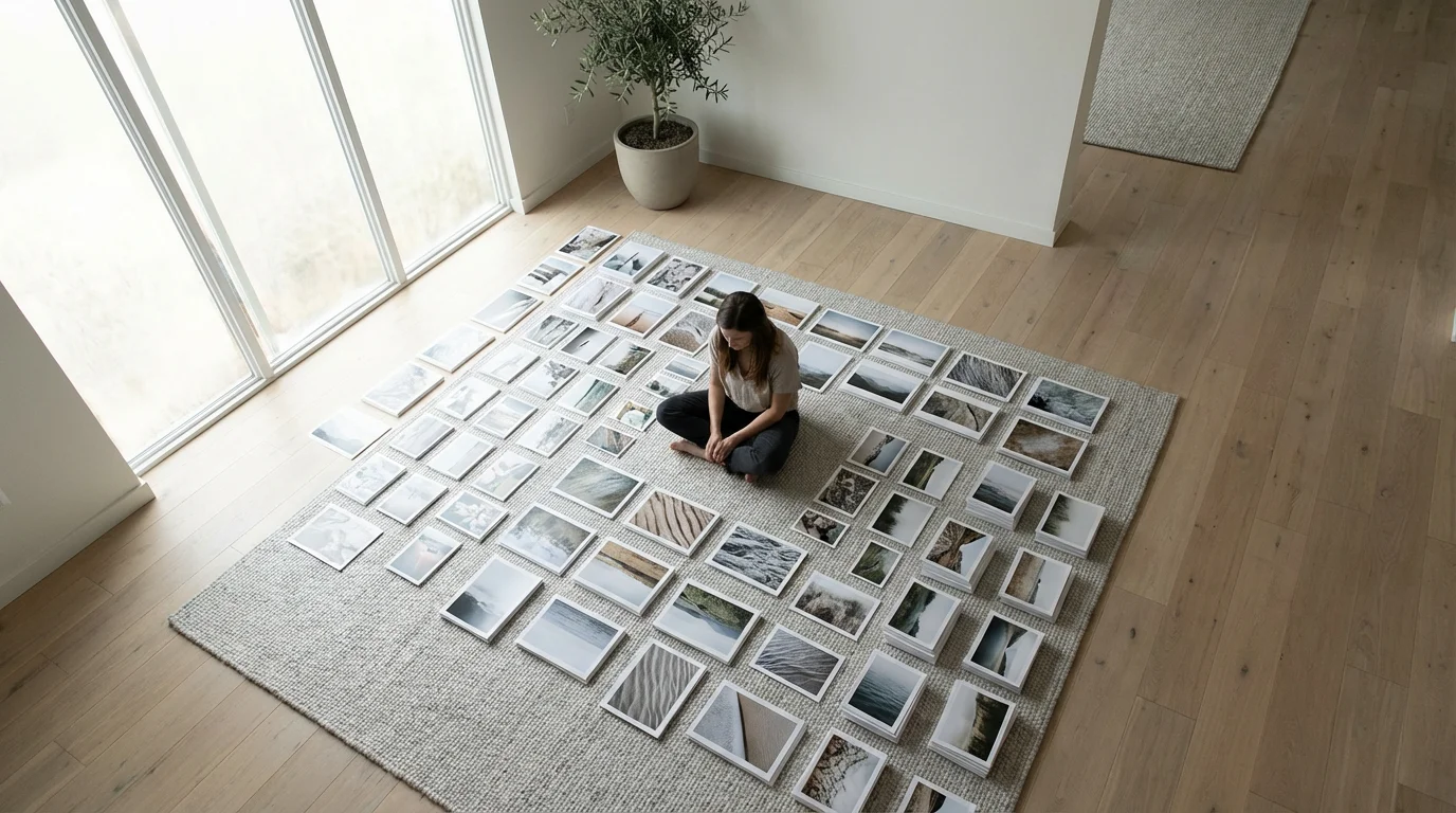 A person seen from above, sorting a vast collection of physical photos on a rug.