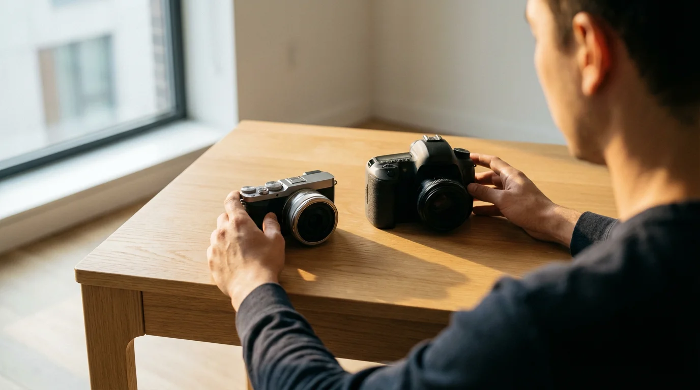A person seen from over the shoulder choosing between a mirrorless and DSLR camera.
