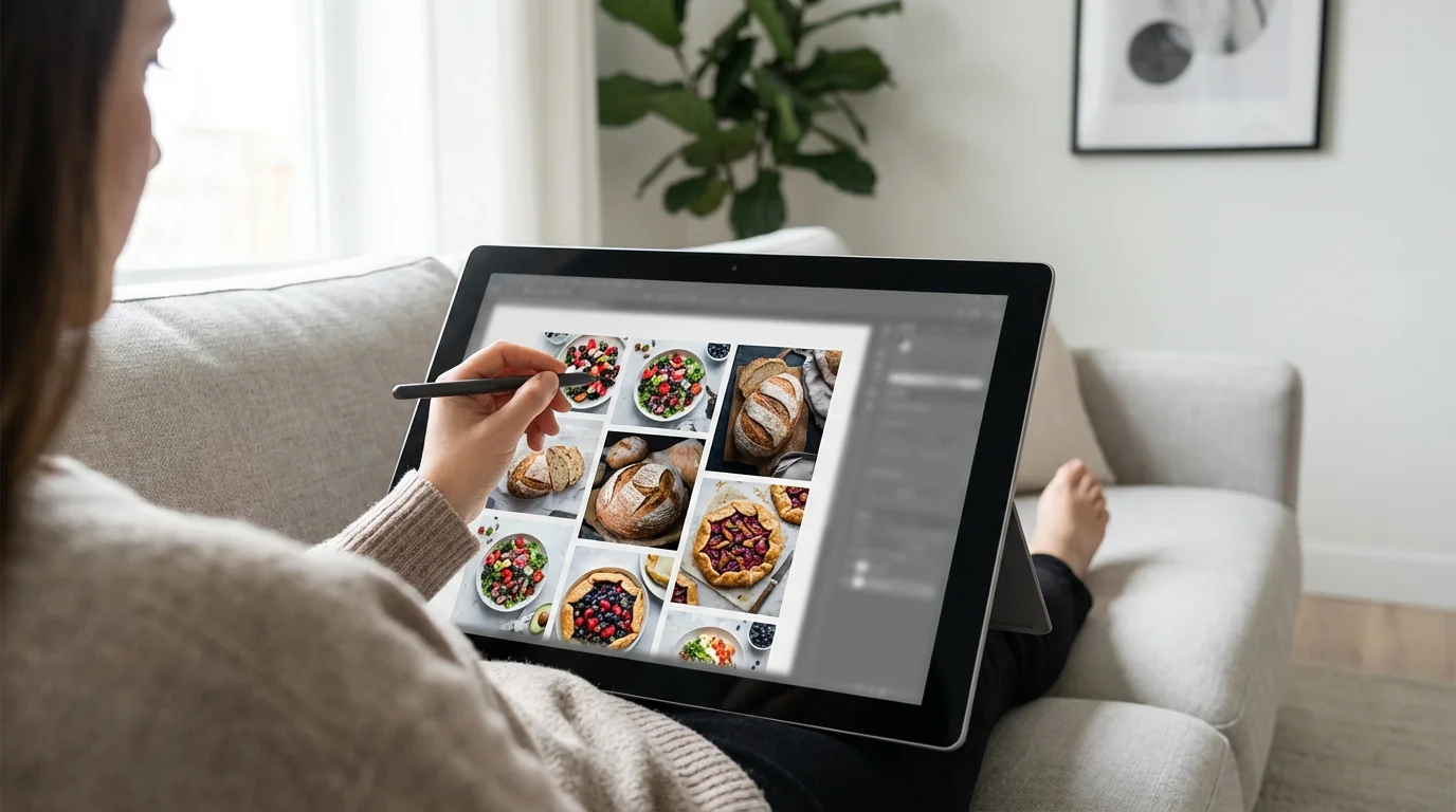 A person seen from over the shoulder, using a stylus and tablet to tag photos.