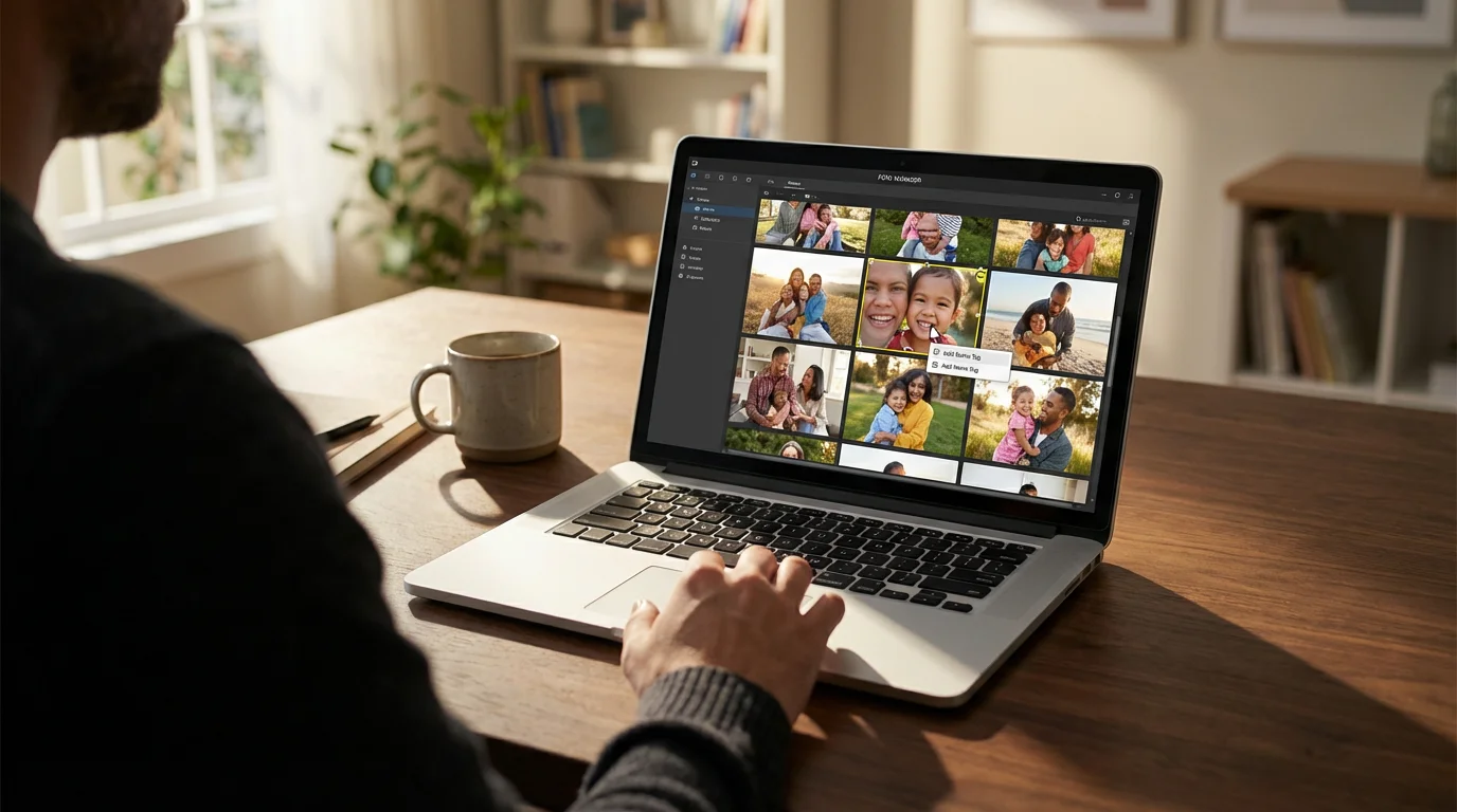 A person seen from over their shoulder organizing digital photos by person on a laptop.