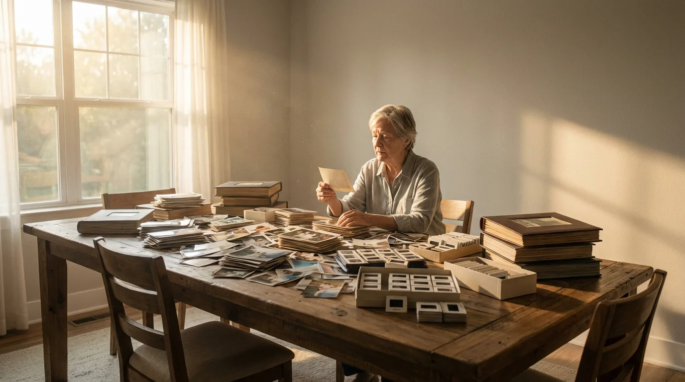 A person sits at a wooden table covered in piles of old photos, beginning to organize them.