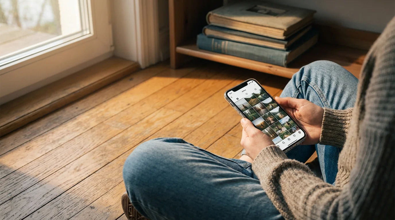 A person sits on a sunlit floor, editing photos on a phone, with photo albums in the background.