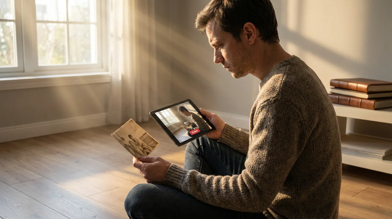 A person sits on the floor with a printed photo and a tablet, looking thoughtful.