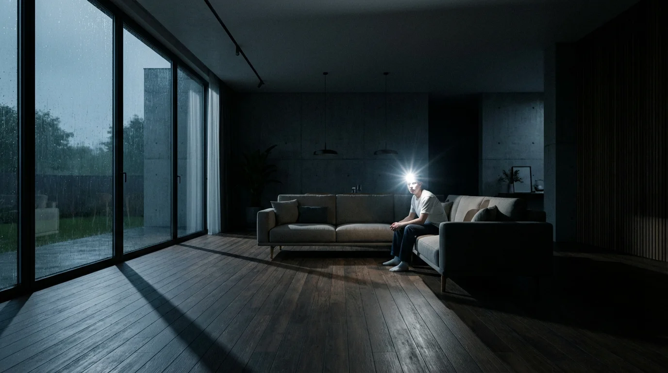 A person sitting in a dark room is illuminated by a bright camera flash.