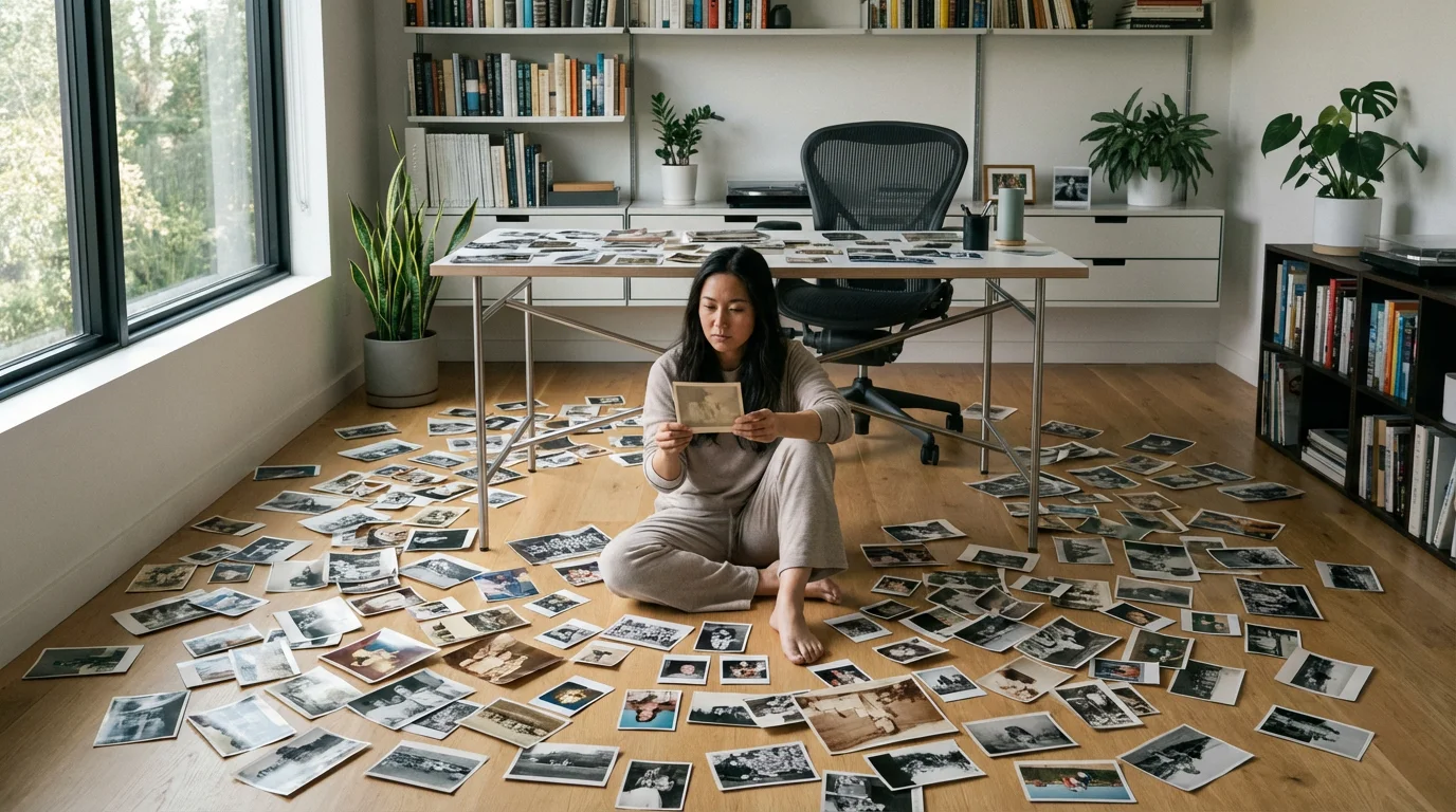 A person sitting on a floor overwhelmed by hundreds of scattered physical photographs.