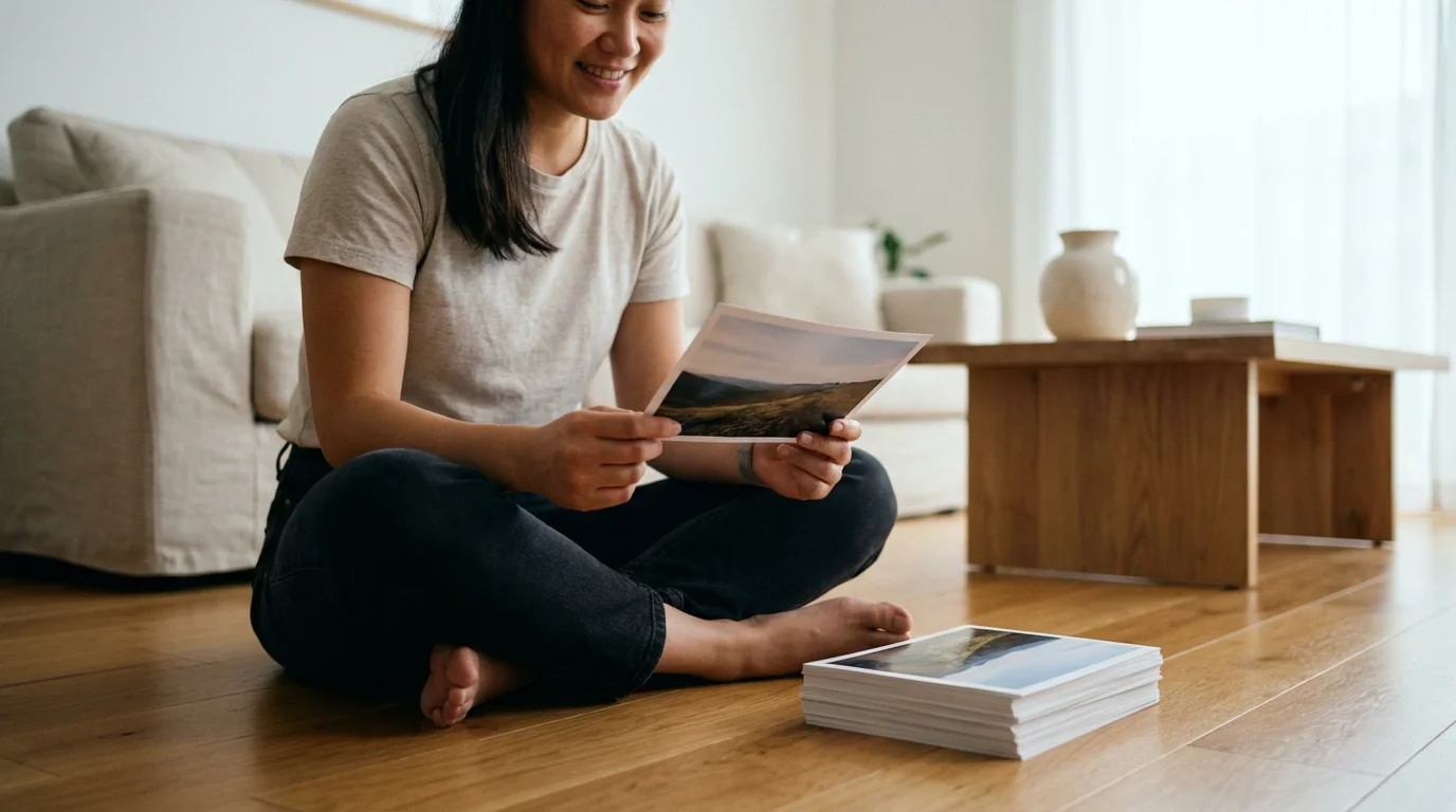 A person sitting on a floor, smiling at a small, curated stack of photos.