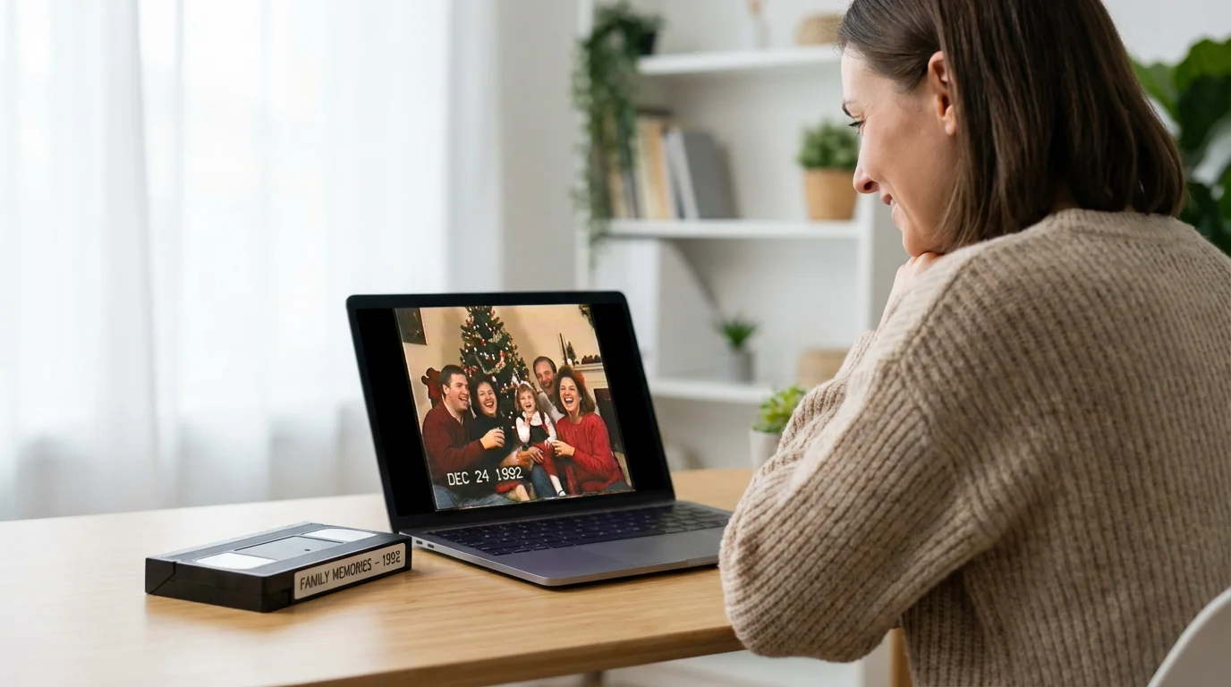 A person smiling while watching a digitized old home movie on a modern laptop.