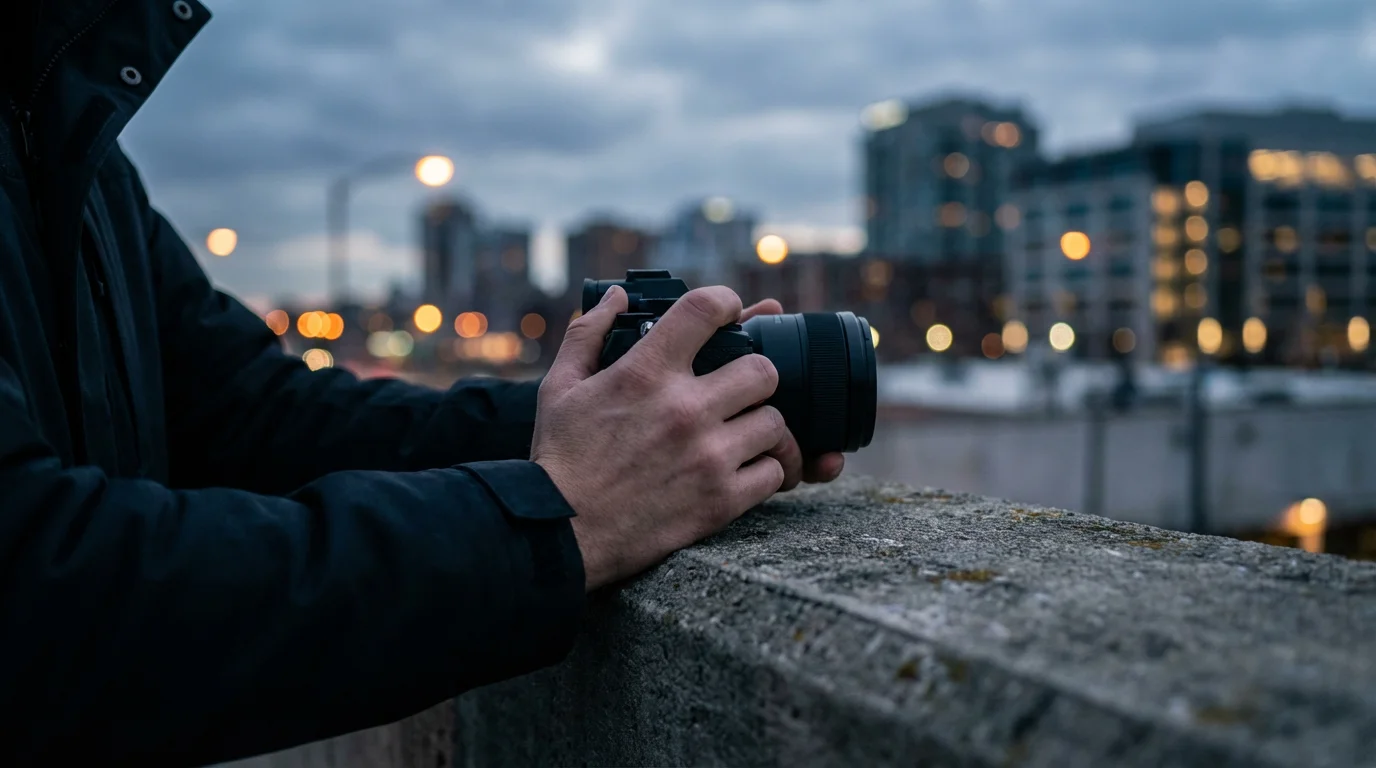 A person stabilizing a camera on a concrete railing for a low light city photo.