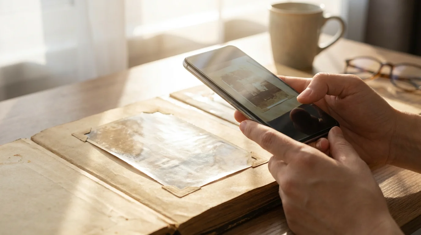 A person trying to scan an old photo in an album using a smartphone, showing glare.