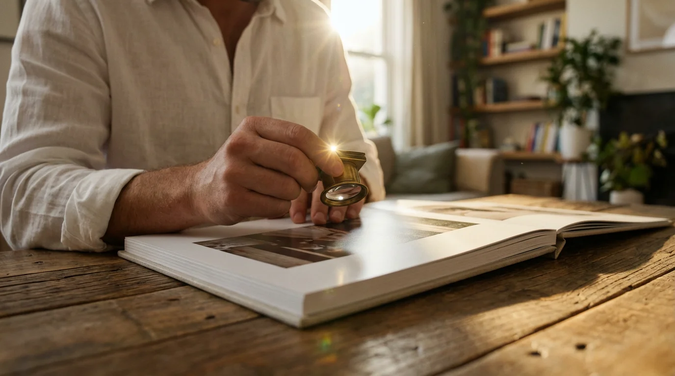 A person using a photographer's loupe to inspect a high-quality wedding photo album.
