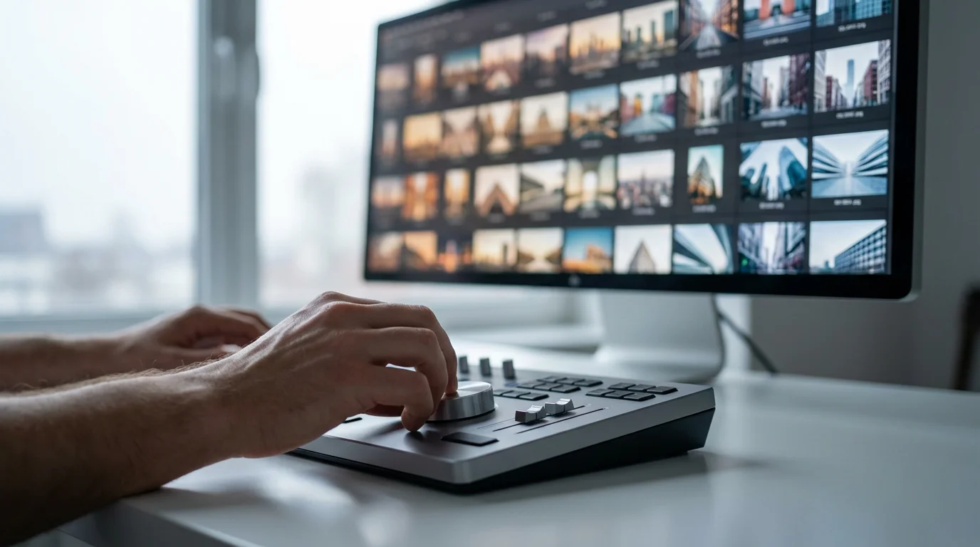 A person using a physical editing console to apply a preset to many photos.