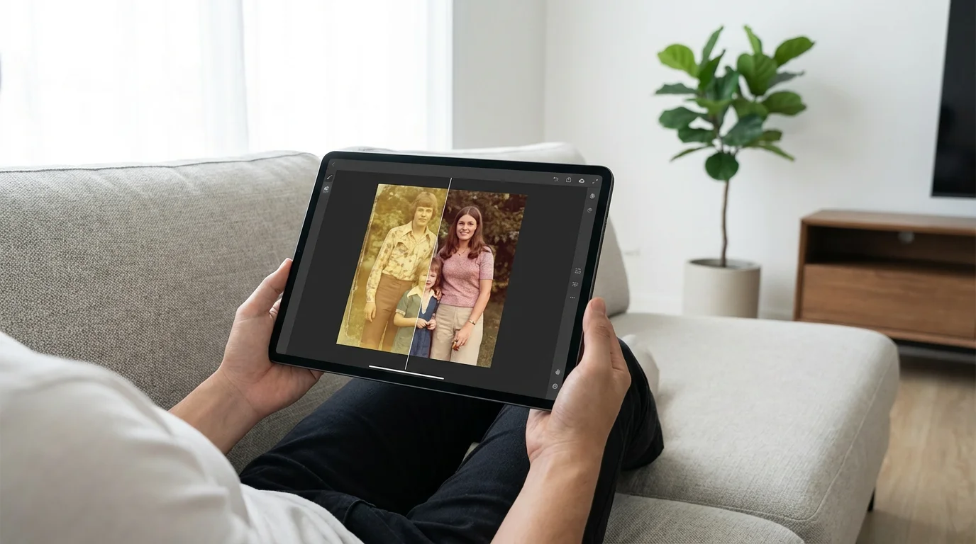 A person using a tablet in a modern room to remove a color cast from a vintage photograph.