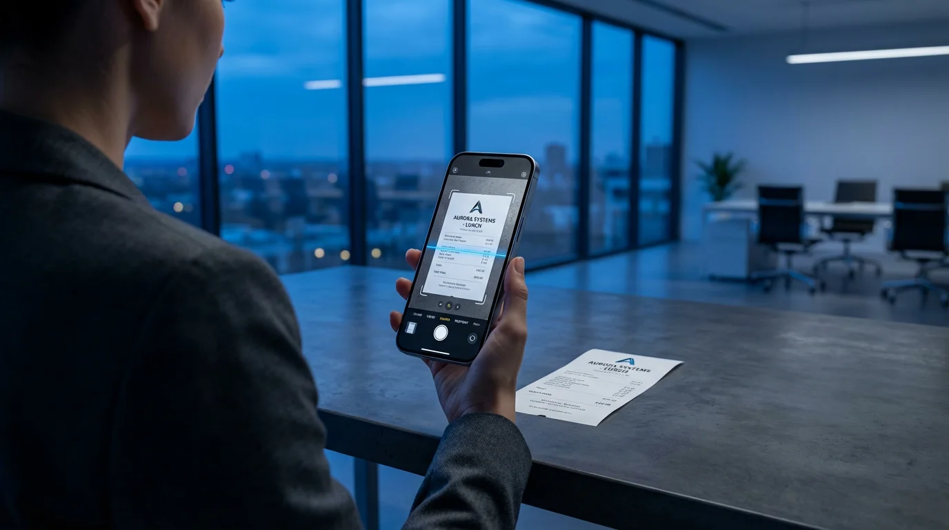 A person using an iPhone scanner app to digitize a business receipt during twilight.
