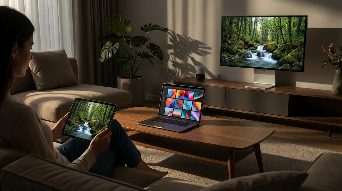 A person using photo management software on a tablet, synced with a nearby laptop and desktop.