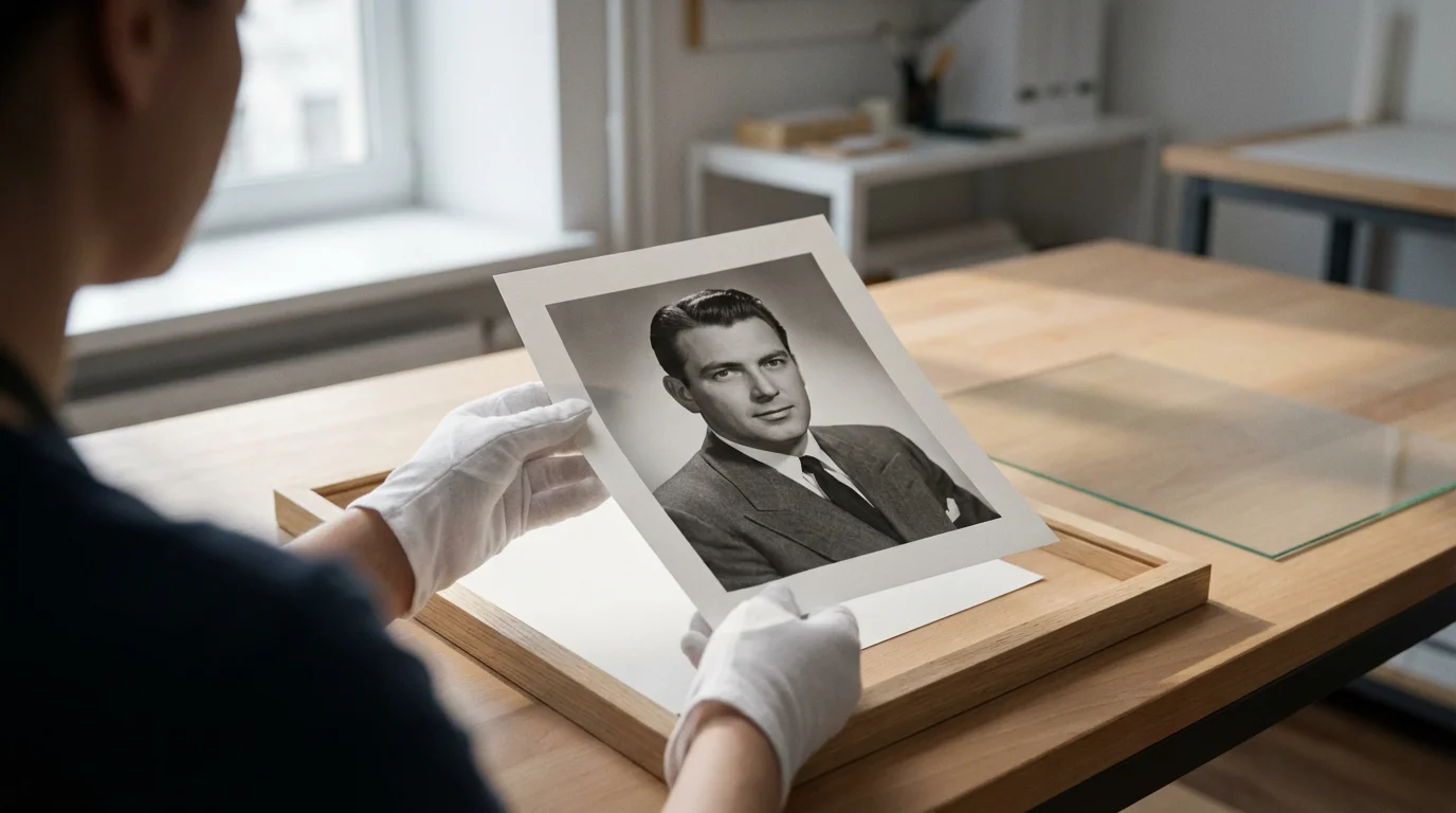 A person wearing archival gloves carefully frames a vintage black-and-white photograph for preservation.