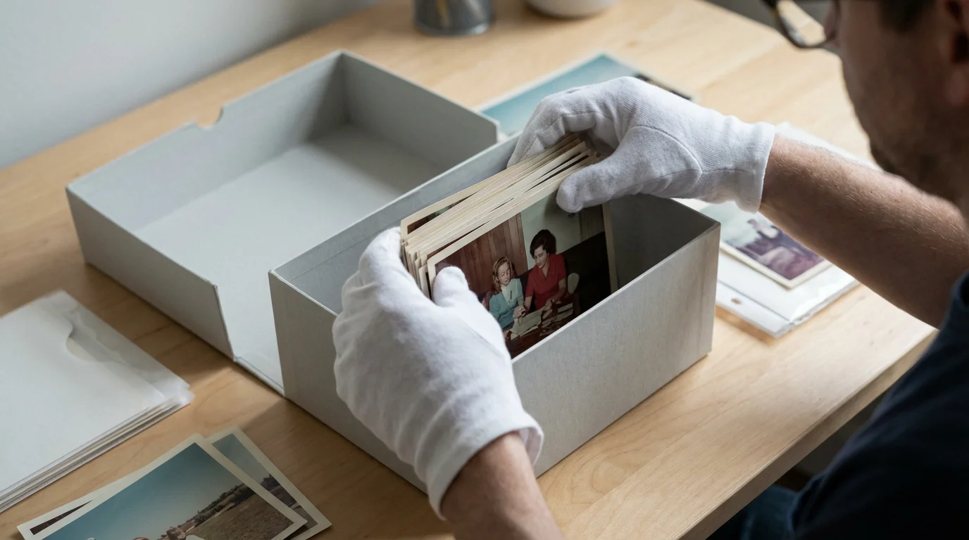 A person wearing archival gloves organizes old photographs into an acid-free storage box.