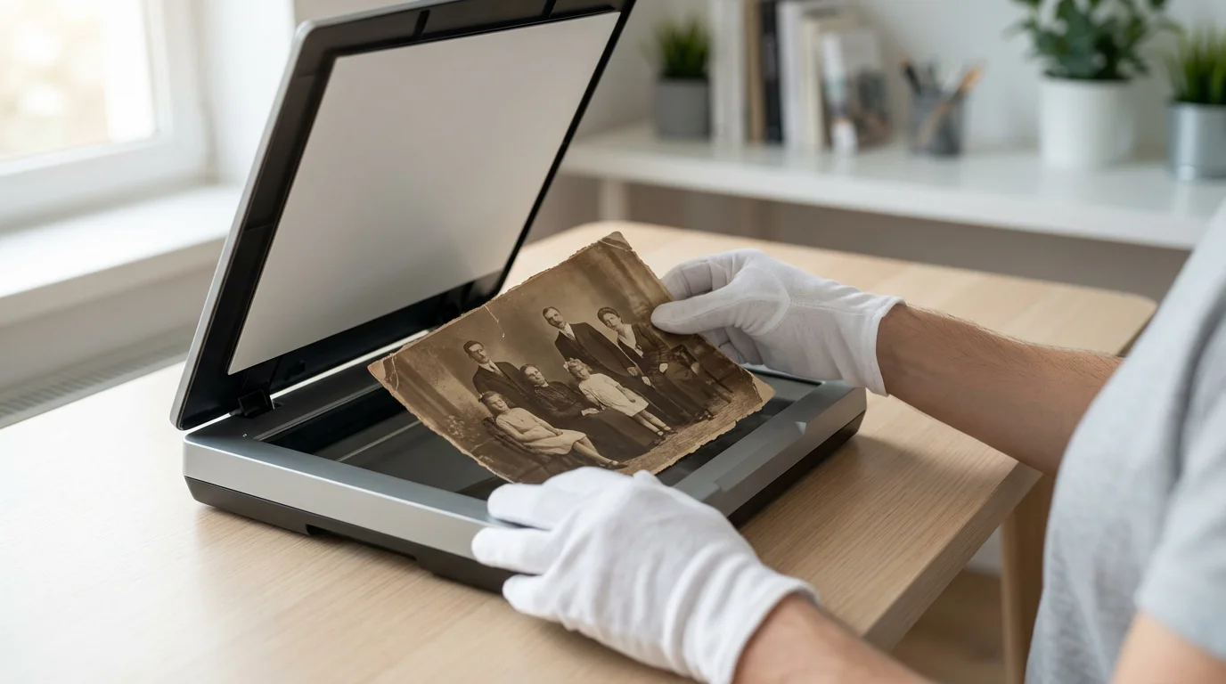 A person wearing archival gloves places a vintage family photograph onto a flatbed scanner.