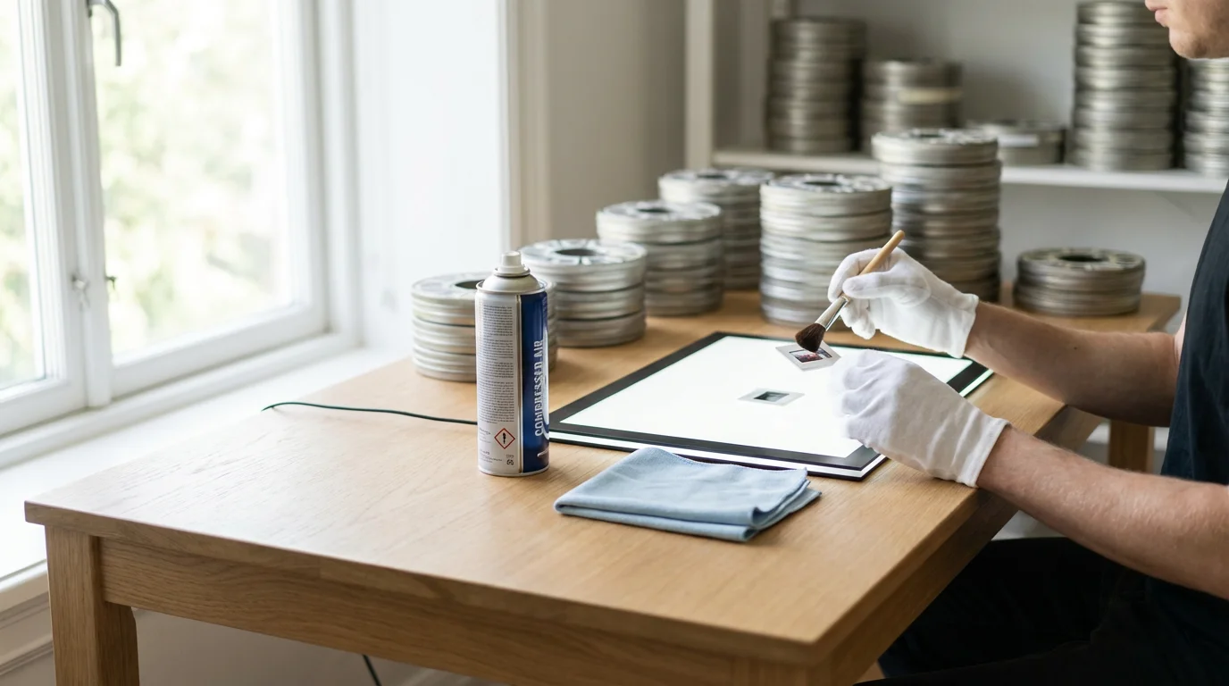 A person wearing gloves carefully cleans old 35mm photographic slides on a modern desk.