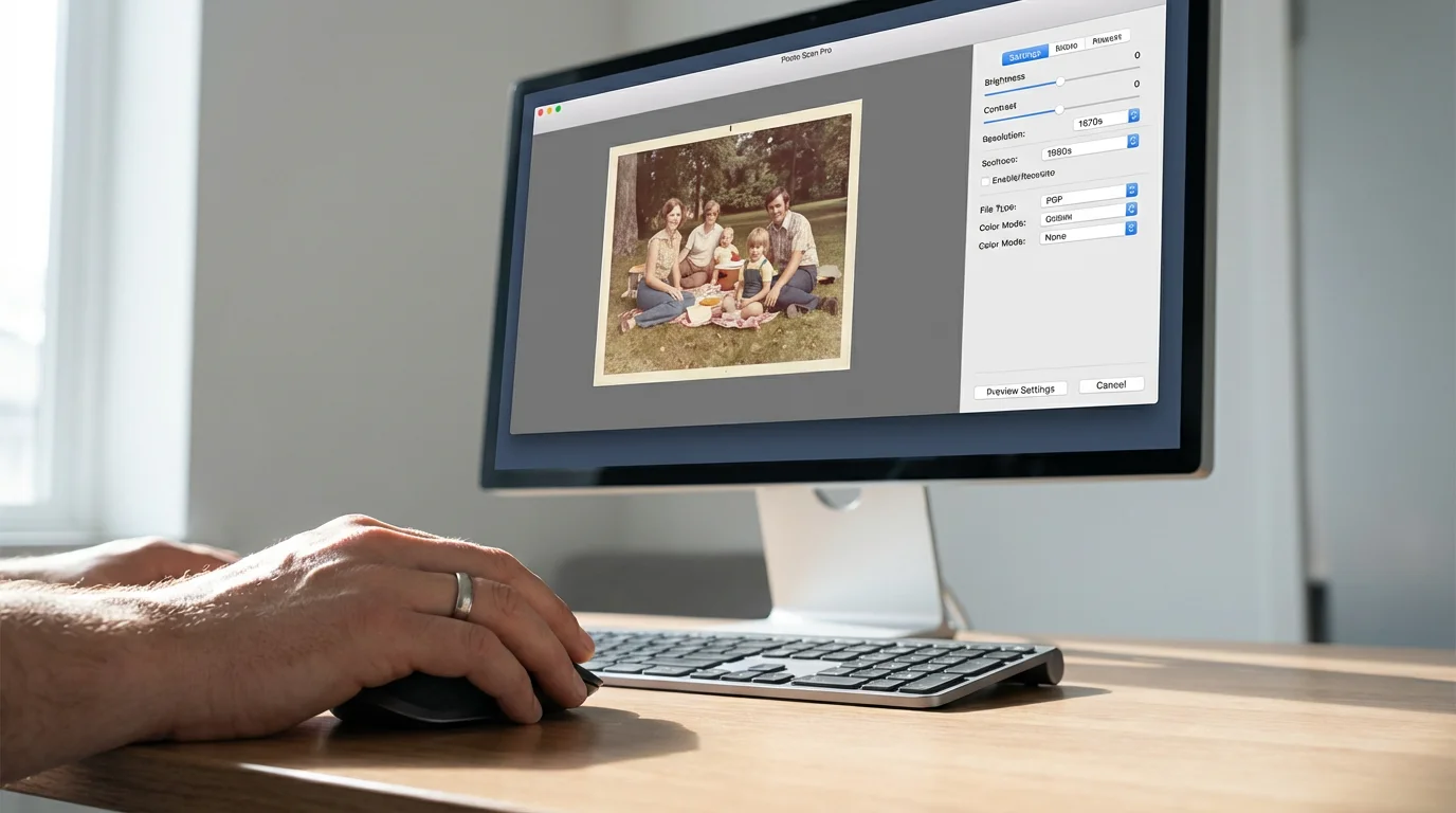 A person's hand on a mouse adjusting photo scanner settings on a computer monitor.