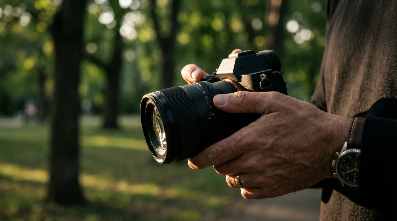 A person's hands adjusting the focus on a mirrorless camera outdoors in moody light.