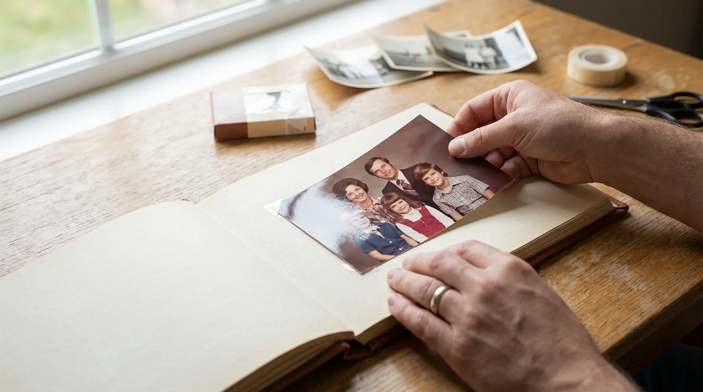 A person's hands carefully arranging a restored vintage color photograph in a family scrapbook.