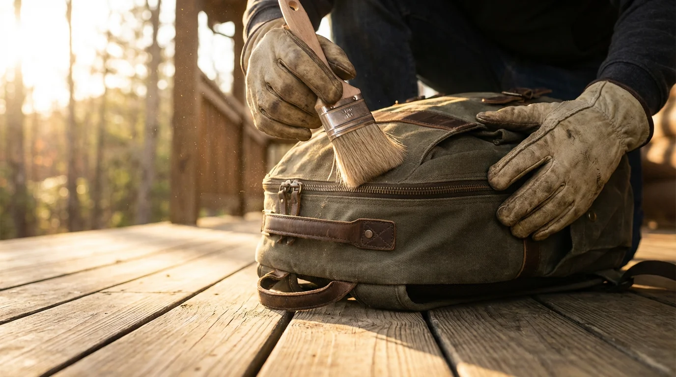 A person's hands carefully brushing dirt off a canvas camera bag at golden hour.