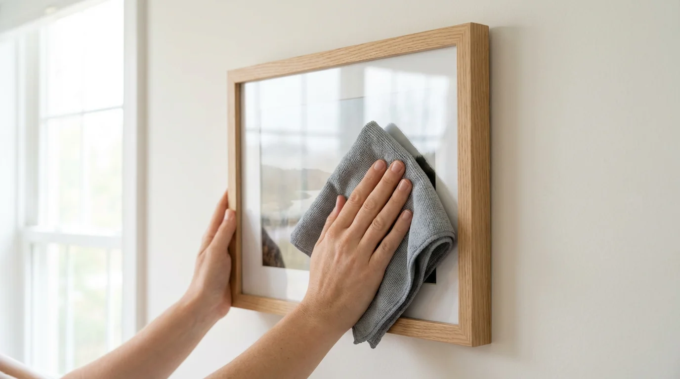 A person's hands carefully cleaning the glass of a framed photo on a wall.
