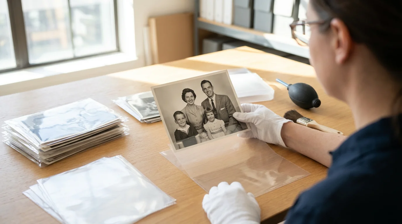 A person's hands carefully placing a vintage photograph into a clear archival protective sleeve.