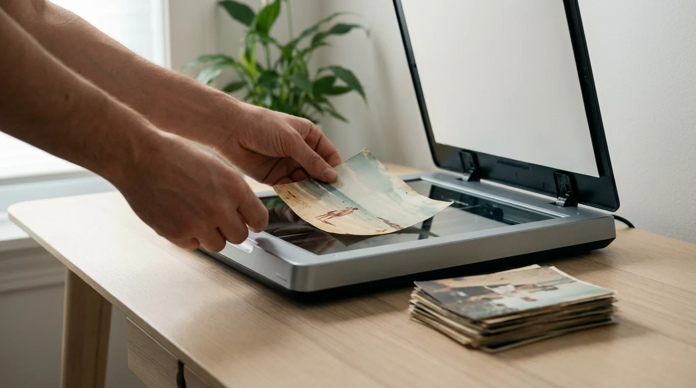 A person's hands carefully placing an old photograph onto a modern flatbed scanner.